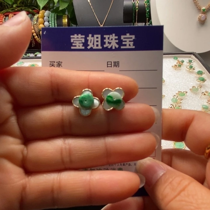 合金翡翠耳饰撒***篇绿四叶草耳钉