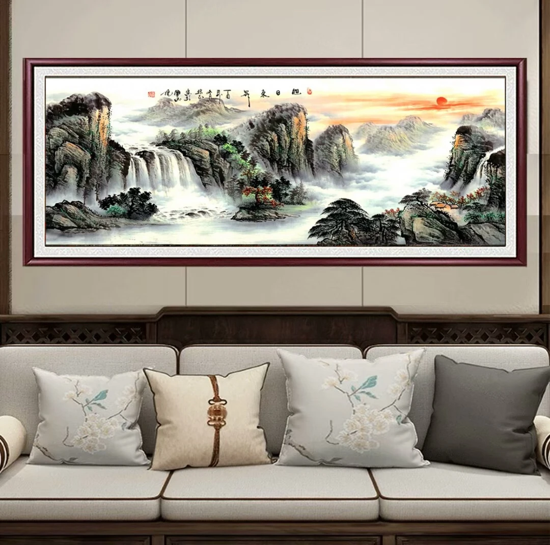 旭日东升带框国画山水画客厅办公室招财实木框背景墙壁画