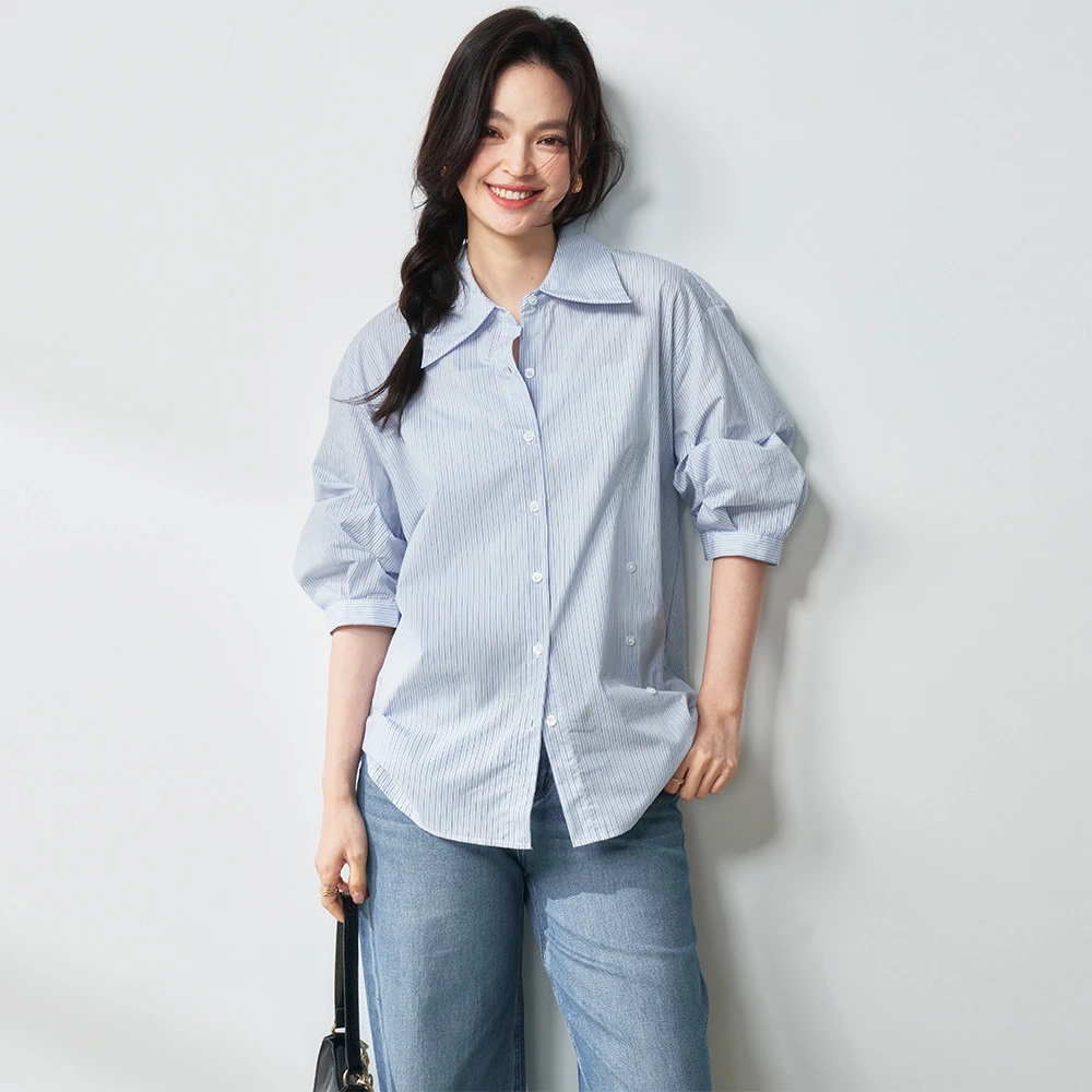 【盛宏】夏条纹短袖法式时尚洋气减龄宽松衬衣衬衫上衣女18272