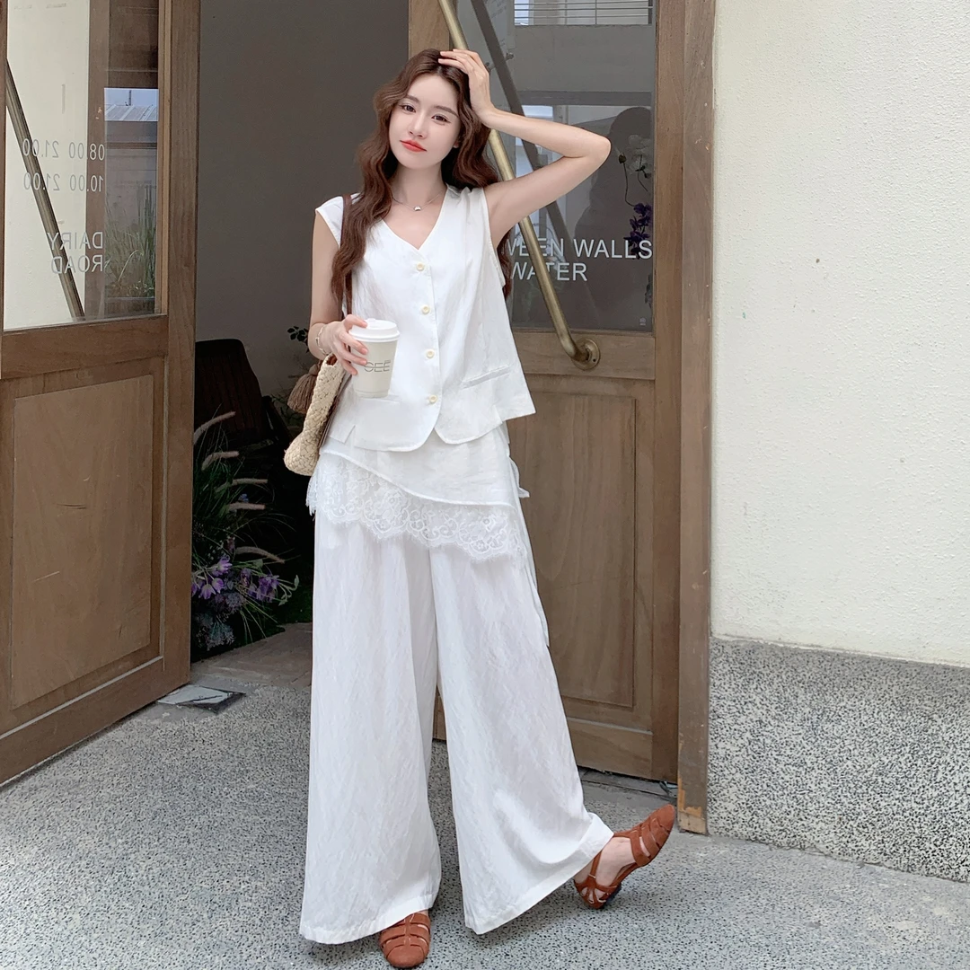 又A又飒简约气质套装裤女2025夏季新款休闲马甲屁帘阔腿裤两件套