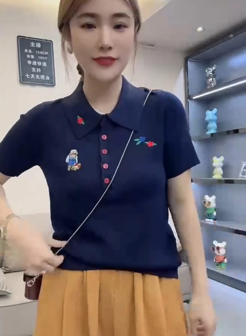 欧货刺绣Polo衫短袖T恤女大码夏季新款百搭显瘦上衣5731