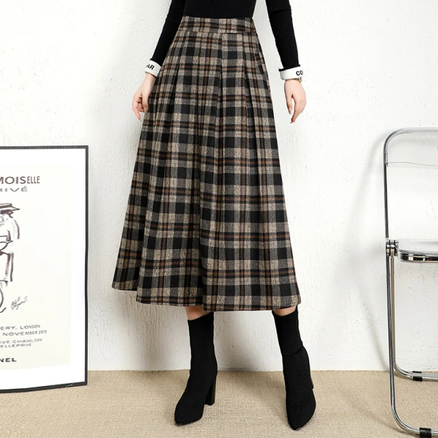 毛呢格子裙女秋冬a字长裙半身裙2025新款高腰宽松中长款百褶伞裙