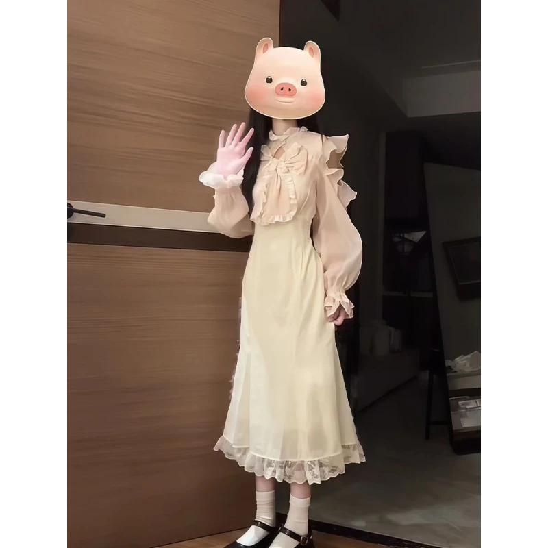 大码女装温柔甜美蕾丝蝴蝶结长袖拼接收腰仙女连衣裙12705