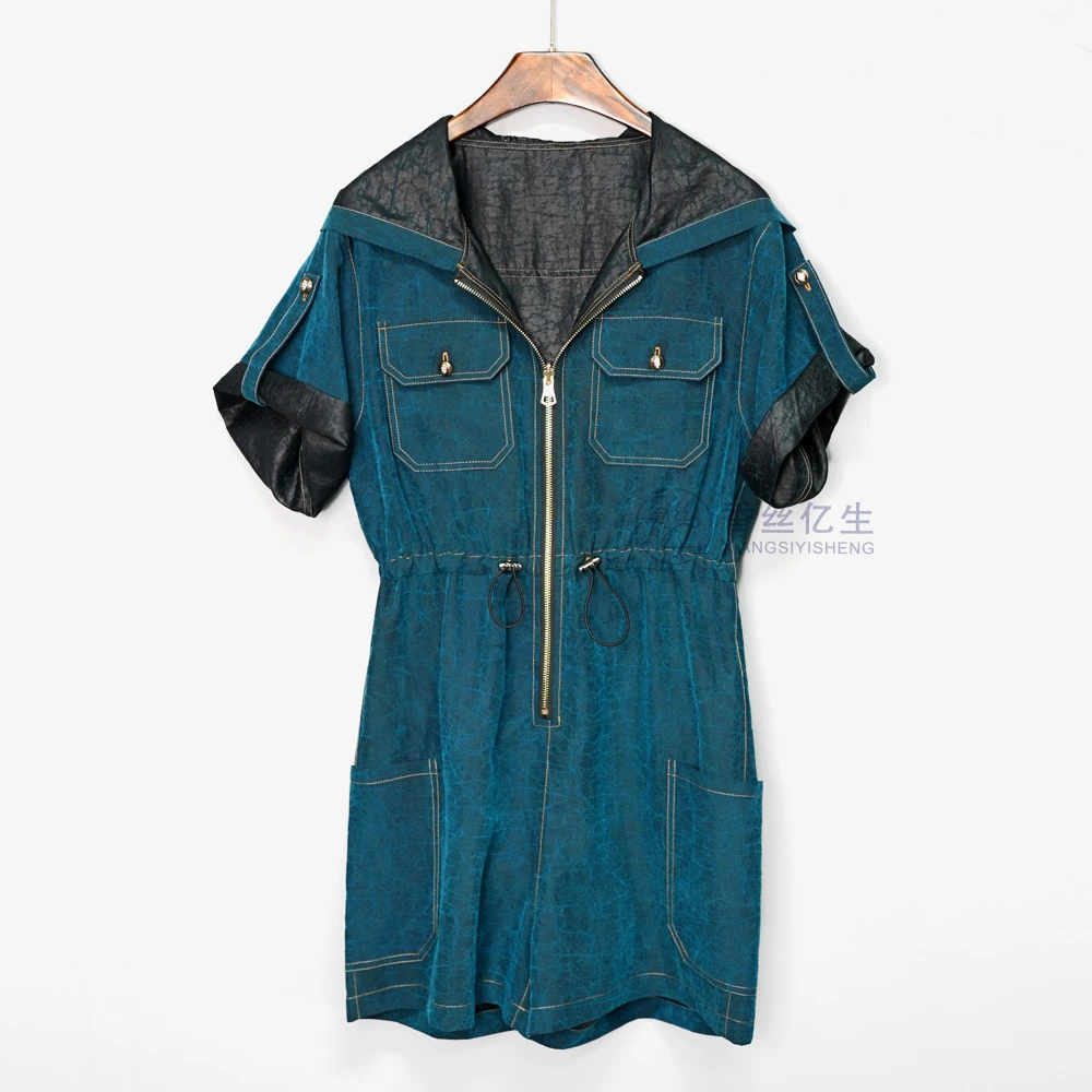 蓝调时分！香云纱蓝龟新款夏季女士百搭时尚显高休闲连体短裤X3186