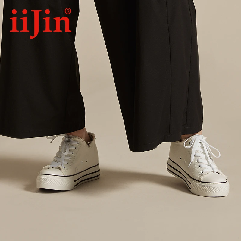 iiJin艾今官方7cm厚底内增高经典硫化低帮帆布小白鞋女AF22226DBU