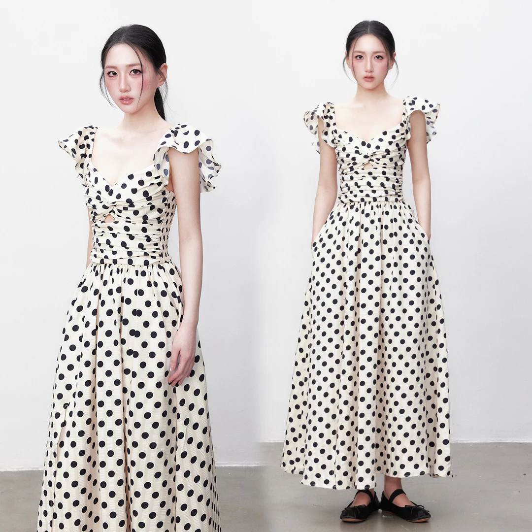 【专属】誉芝yuzhi波点连衣裙夏季新款褶皱收腰显瘦气质长款裙子