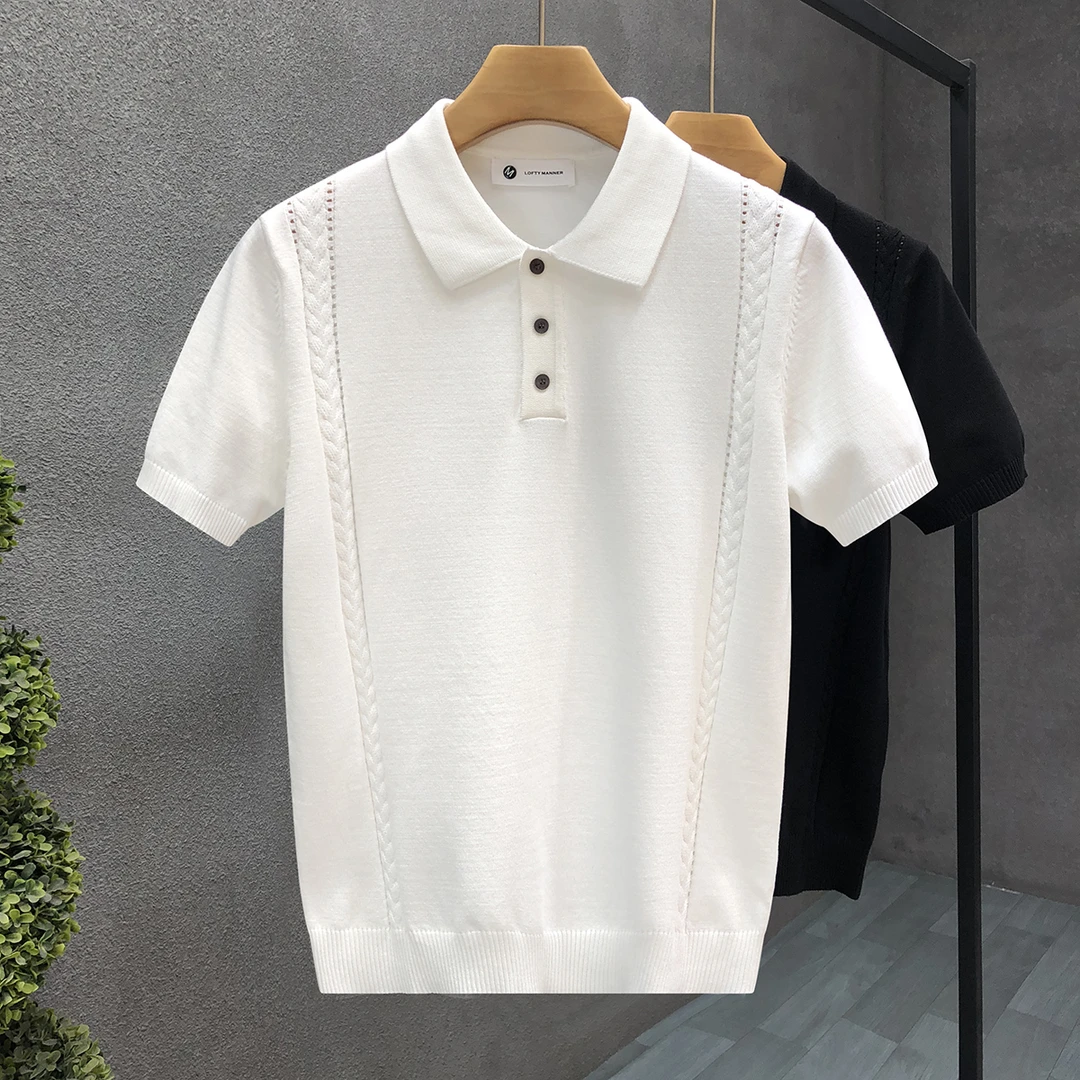 郎的轻奢高端白色冰丝短袖毛衣男翻领针织t恤2025新款薄款半截袖