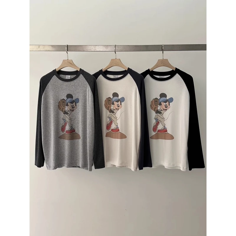 现！慕予-【米奇T恤】韩单PEPPE* 25年春减龄KT拼色插肩袖长袖女