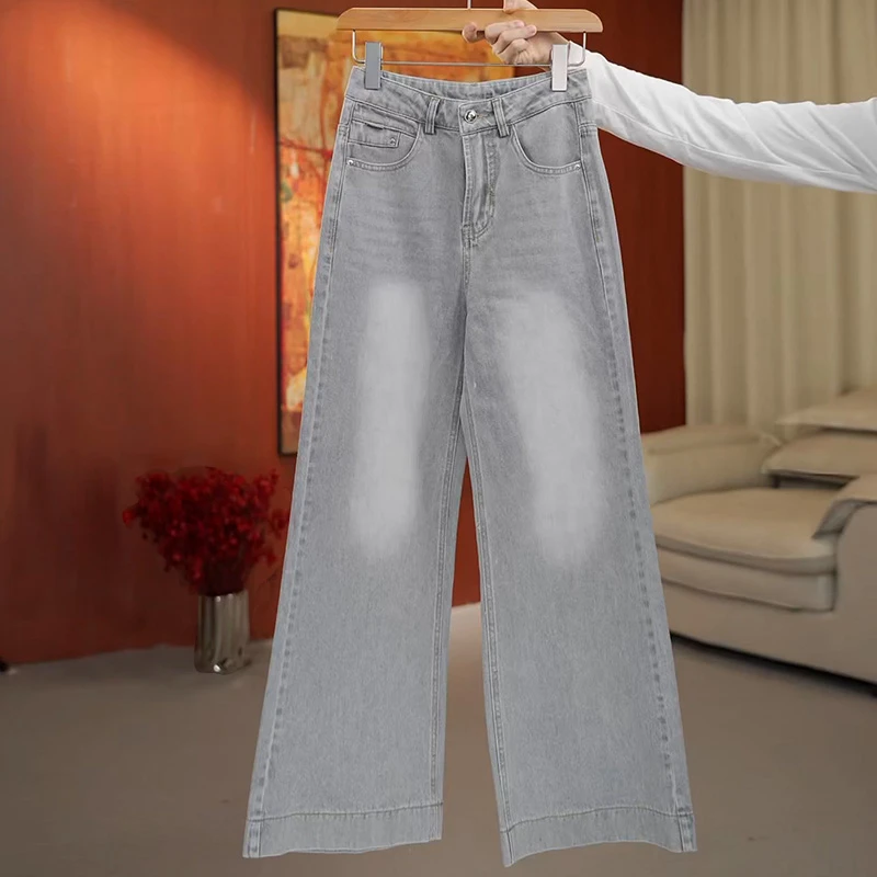 复古时尚阔腿牛仔裤女春夏新款莫兰迪灰高腰显瘦小个子窄版直筒裤