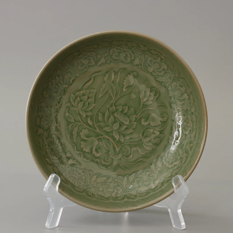 耀州窑青瓷橄榄青釉原矿高温半手印花把莲纹零食盘水果家用大菜盘