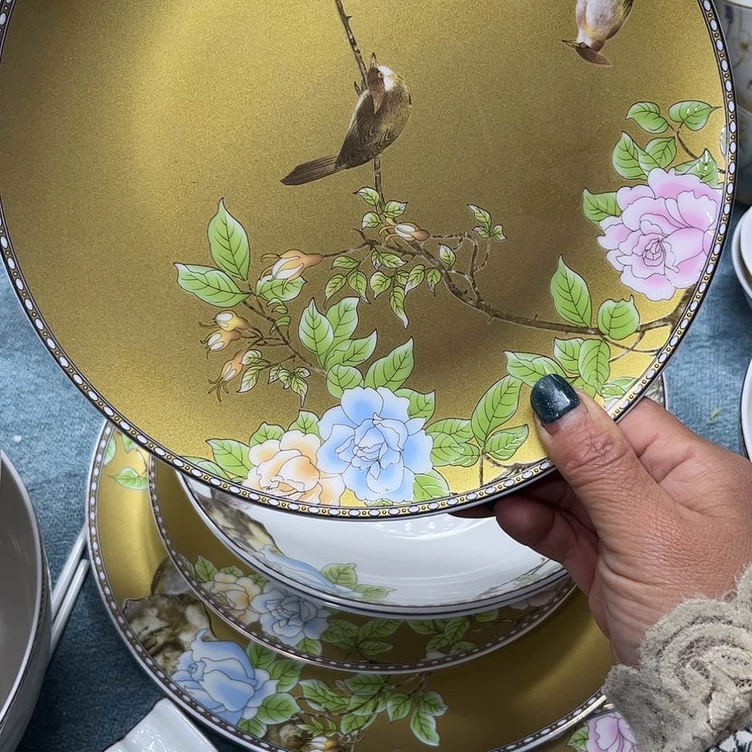 瓷片琴瑟和鸣八寸浅盘四个微瑕