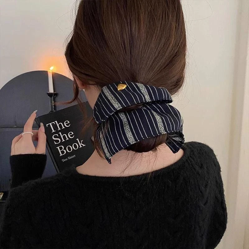 夏季新款洋气森系高级复古条纹方形大肠发圈方巾发绳扎头绳皮筋