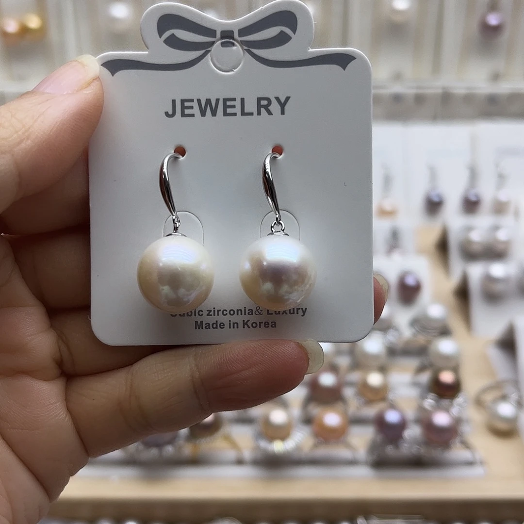 淡水珍珠银S925镶嵌耳饰13.2有瑕