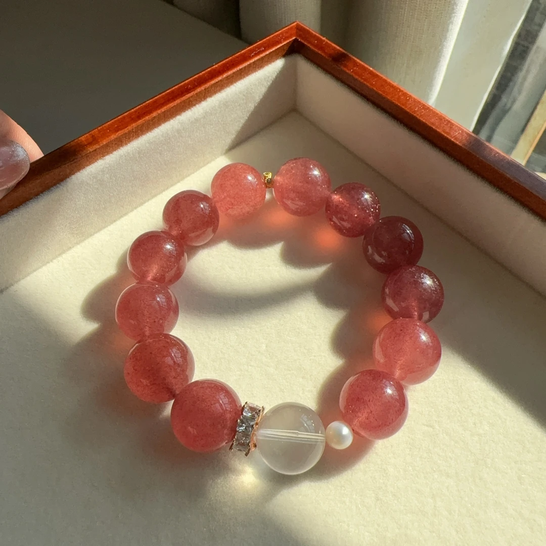 【灿若繁星】草莓晶粉水星星白水顶珠天然水晶手串高品质