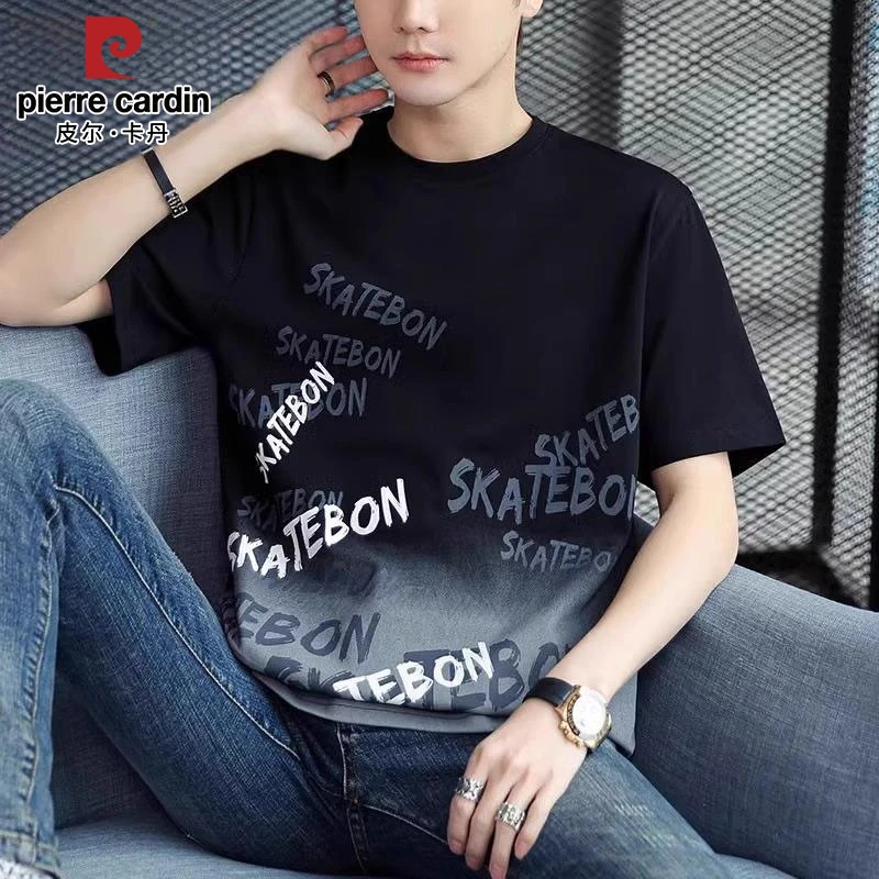 皮尔卡丹短袖t恤男士夏季潮牌薄款印花百搭休闲宽松凉感圆领男装