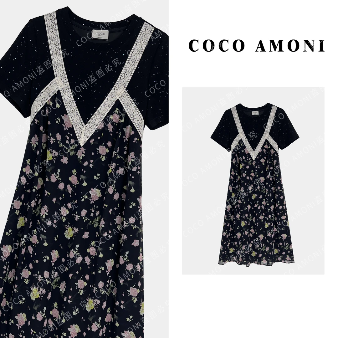 设计带钻爱心夏日女装拼接褶皱收腰显瘦气质连衣裙ZC280