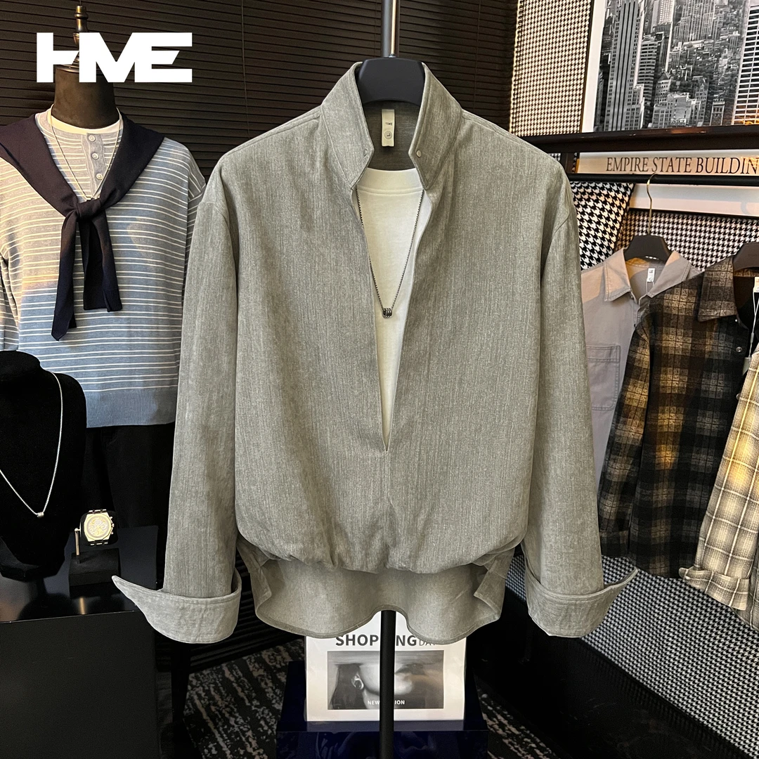【HMEYAO】【莱赛尔丝光棉】雪尼尔复古明线拼接铆钉层次感假两件衬衣