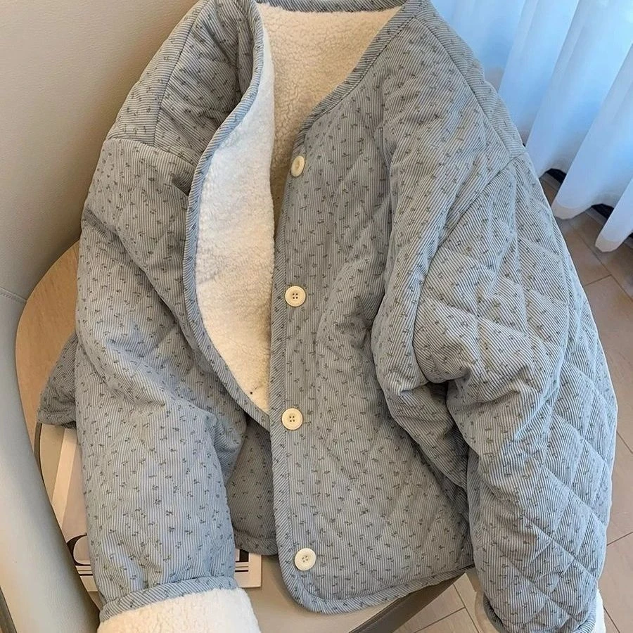 灯芯绒韩版chic减龄圆领碎花棉服外套女秋冬宽松百搭保暖长袖棉衣