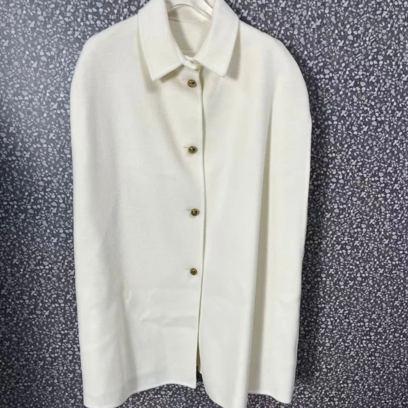 秋冬新款毛呢斗篷时尚小翻领金属扣无袖白色中长款大衣