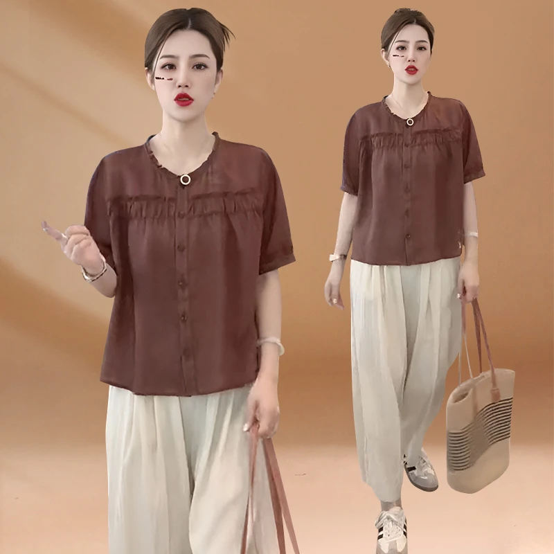 法式气质温柔风减龄薄款短袖衬衫女2025新款简约宽松休闲显瘦上衣