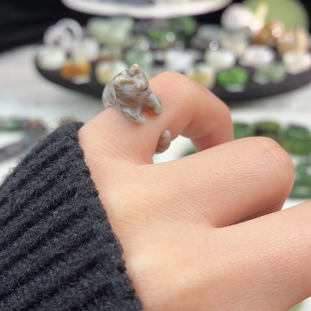 和田玉未镶嵌戒指S135豹纹开口猫15.2