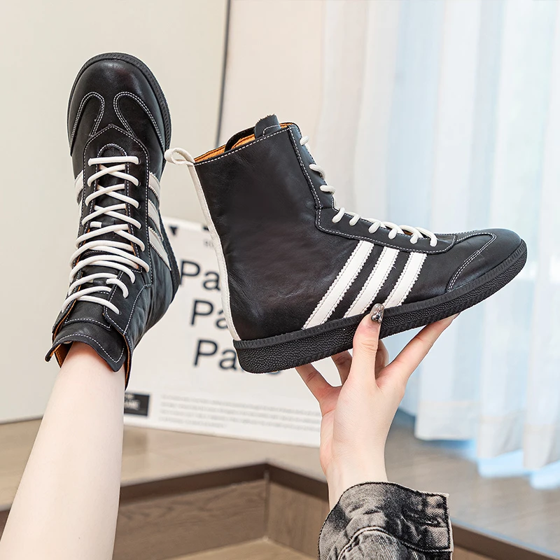 【欧货潮靴】2025秋冬新款单靴高帮短靴头层牛皮平底马丁靴送鞋带