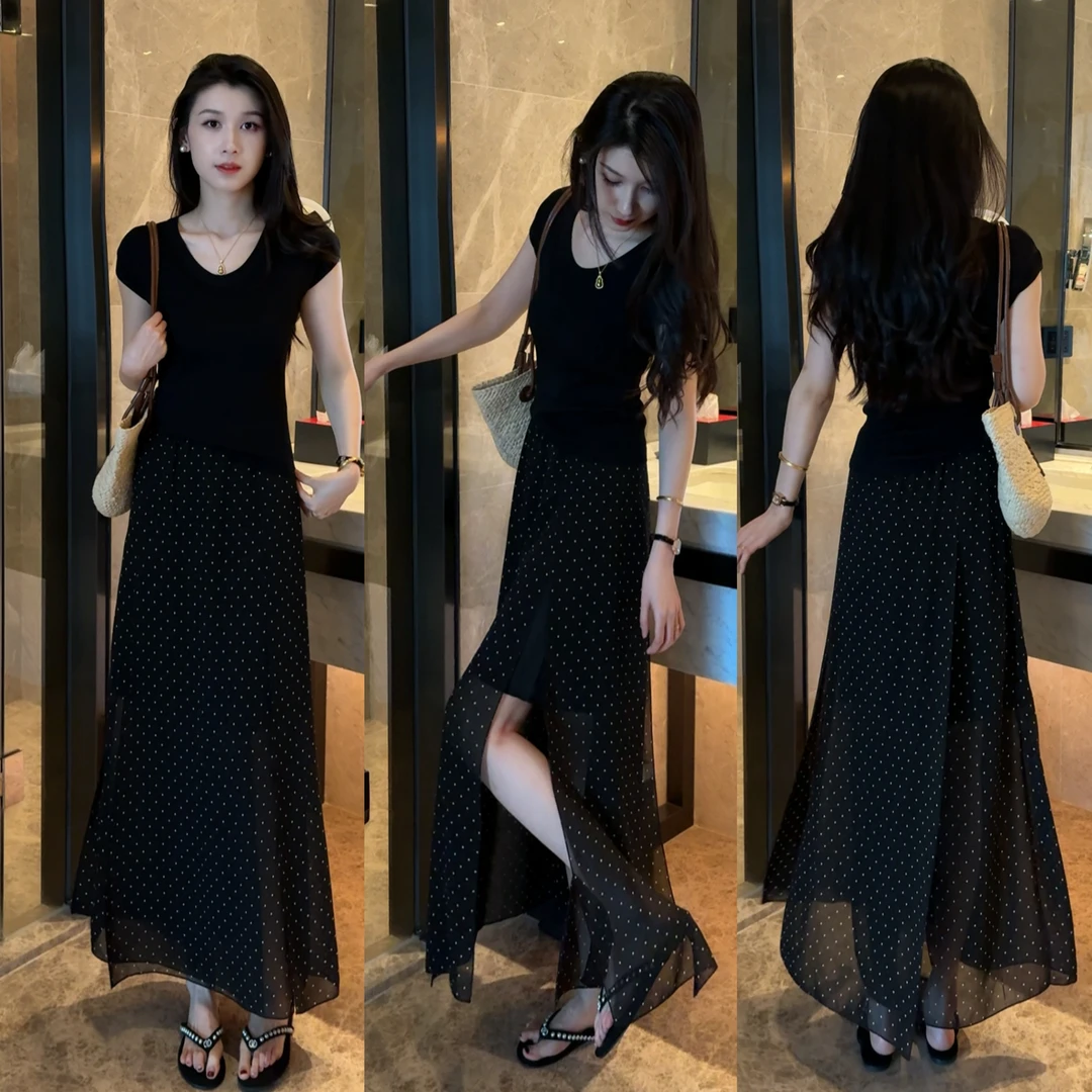 夏季高腰休闲小波点纱裙长裙半身裙+纯色U领轻薄冰凉毛织无袖套装