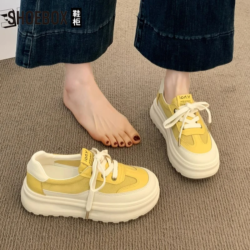 SHOEBOX鞋柜黄色阿甘德训鞋女2025新款秋季透气网面休闲运动鞋