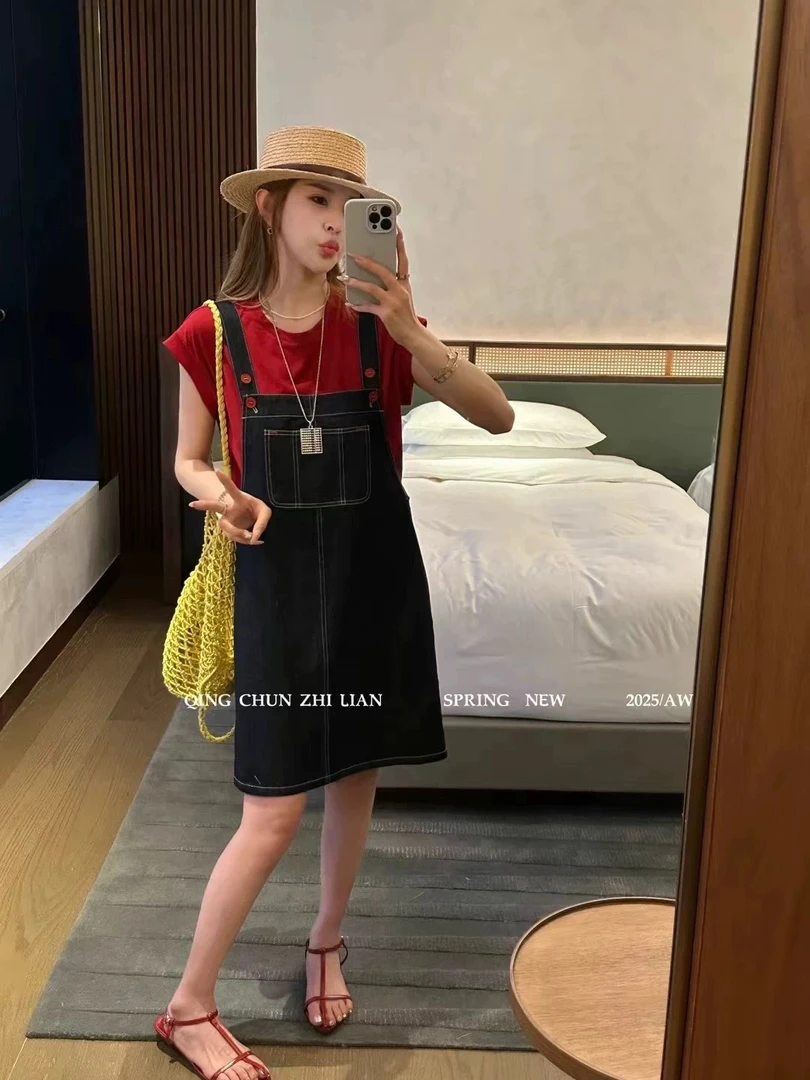 高端欧货2025夏季新款时尚圆领短袖T恤+牛仔背带裙两件套连衣裙女