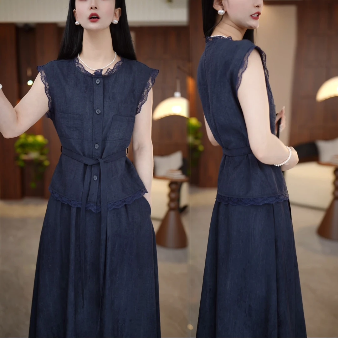 法式拼接花边上衣半身裙两件套女2025夏季新款时尚收腰显瘦套装潮