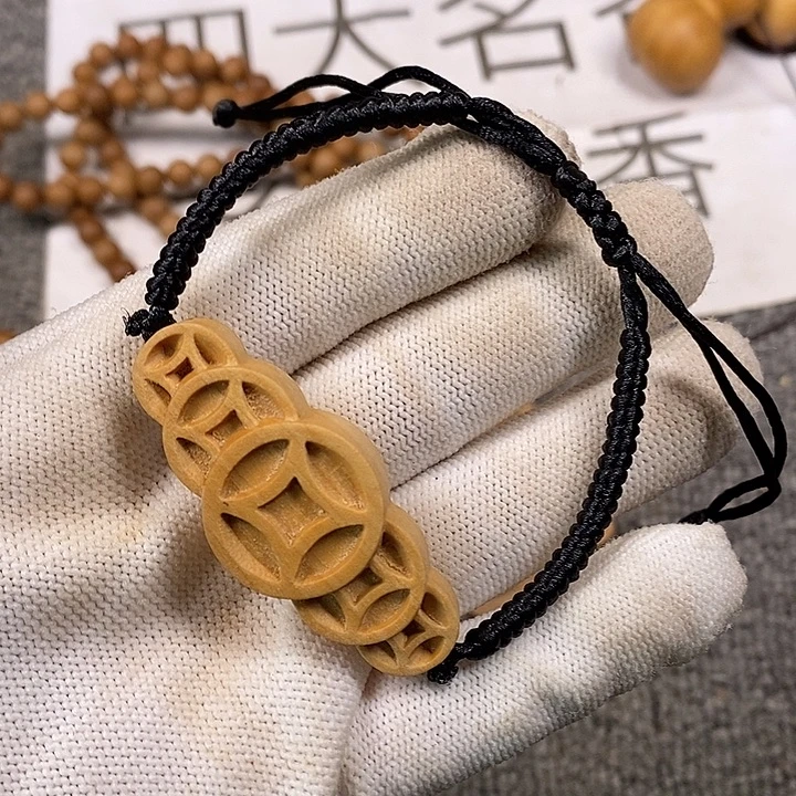 檀香木手串/手链老山檀香雕刻五珠钱手牌