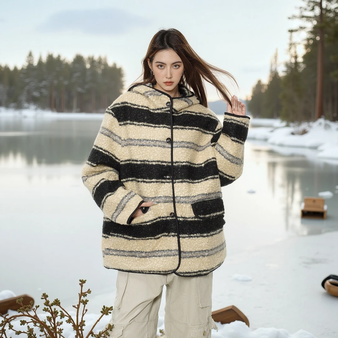 美式复古条纹连帽棉服女冬季2024年新款宽松绗棉棉衣外套毛毛棉袄