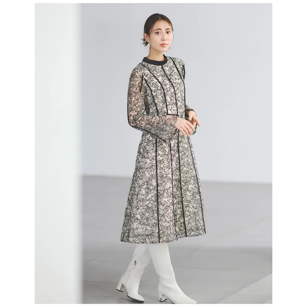 【MonTendre】春季新款 C 气质典雅透明薄纱印花重工刺绣收腰连衣裙