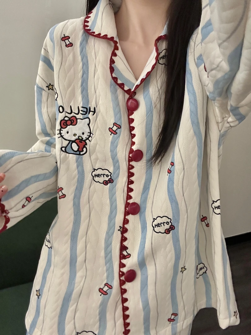 韩版卡通可爱凯蒂猫夹棉睡衣女冬季新款加绒加厚家居服套装可外穿