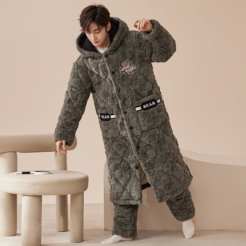 男士睡袍冬季珊瑚绒套装三层夹棉睡袄加厚加绒连帽冬天长款家居服