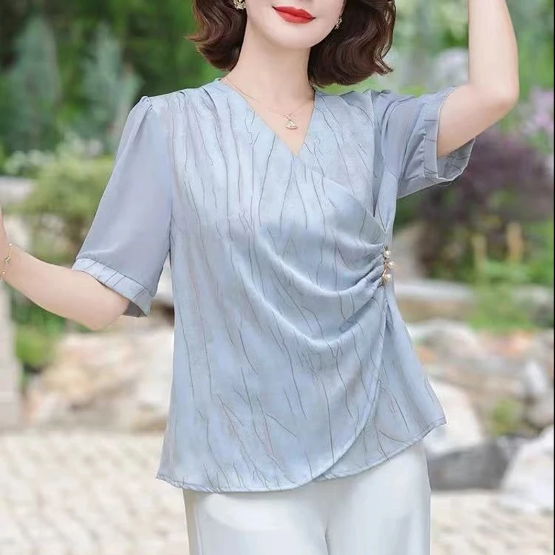 时尚妈妈装2025夏季套装收腰衬衣镂空拼接气质短袖休闲百搭套装女