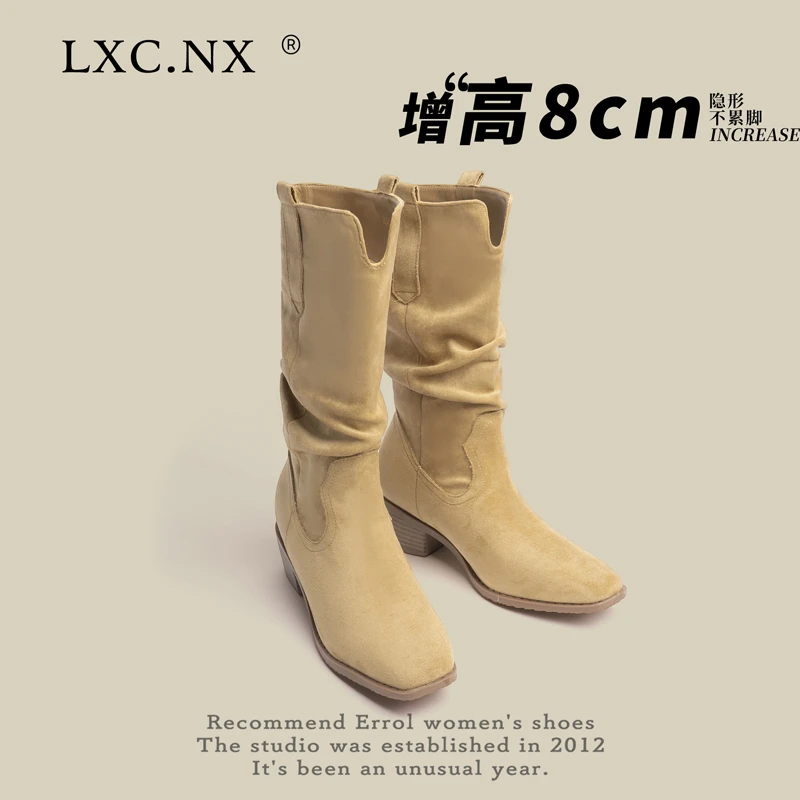 复古粗跟西部牛仔靴女2025秋冬新款大筒围褶皱堆堆靴增高显瘦短靴