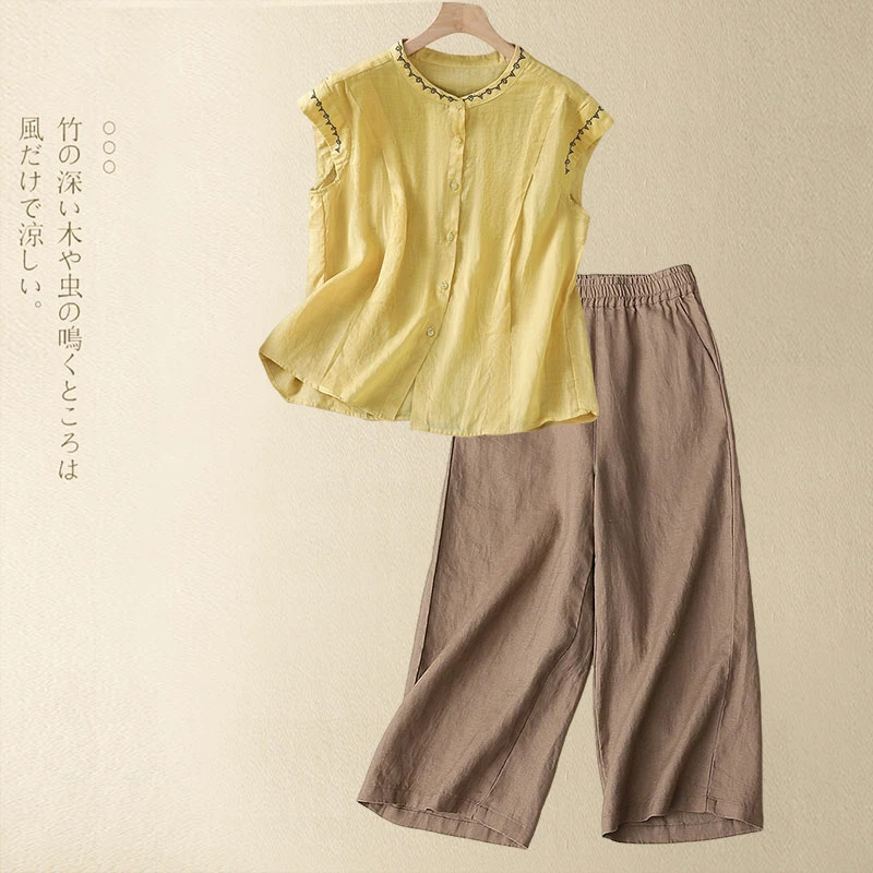 休闲衬衫上衣复古洋气亚麻刺绣飞飞袖衬衫亚麻七分阔腿裤高档套装
