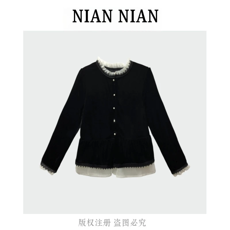 【秀场之光】年年2025新款秋冬季名媛气质百搭花边领口拼接打底