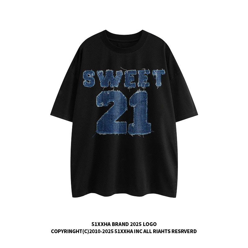 51嘻哈美式21号植绒运动球衣T恤男夏季复古Blokecore宽松情侣短袖