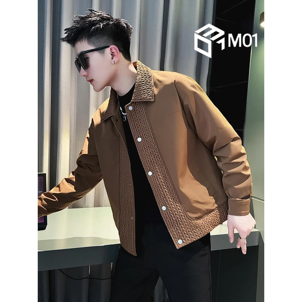 M01设计感拼接外套男春秋潮牌痞帅翻领夹克新款男士秋装短款上衣