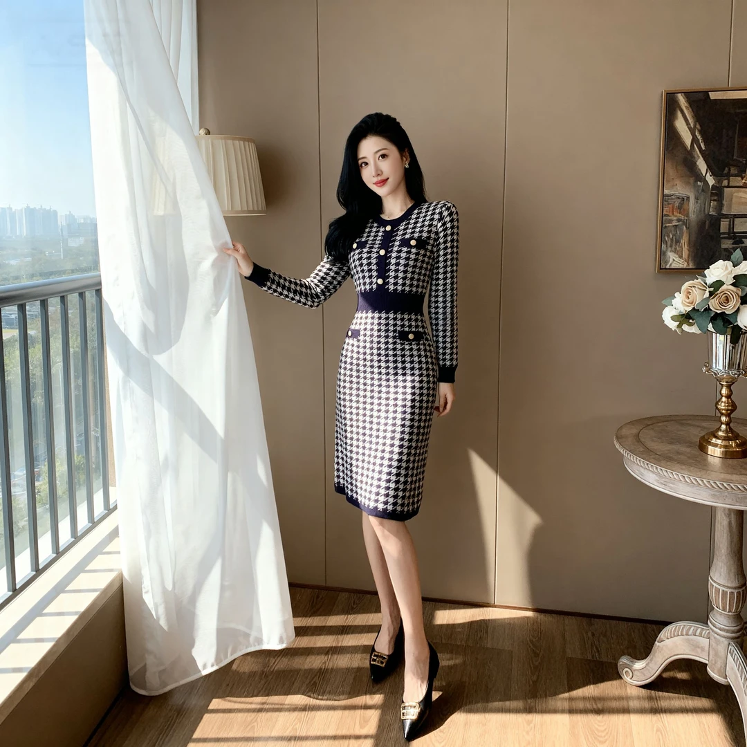 法式复古女神范名媛气质小香风收腰显瘦针织连衣裙女打底毛衣裙子