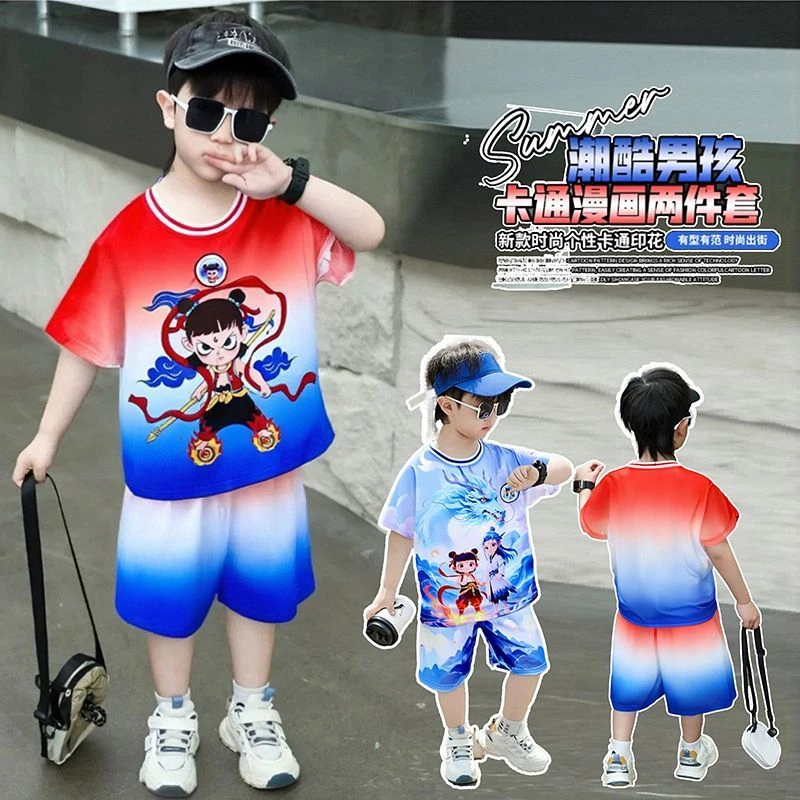 2025闪灯款男童夏季套装夏装哪吒衣服新款短袖儿童宝宝速干两件套