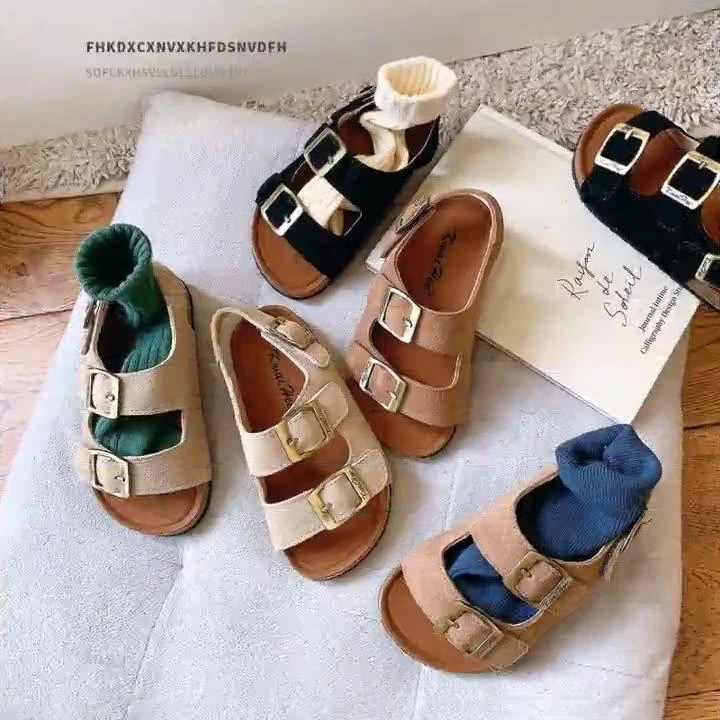 韩国童鞋2025夏季新款儿童磨砂真皮露趾女童百搭博肯鞋男童沙滩鞋