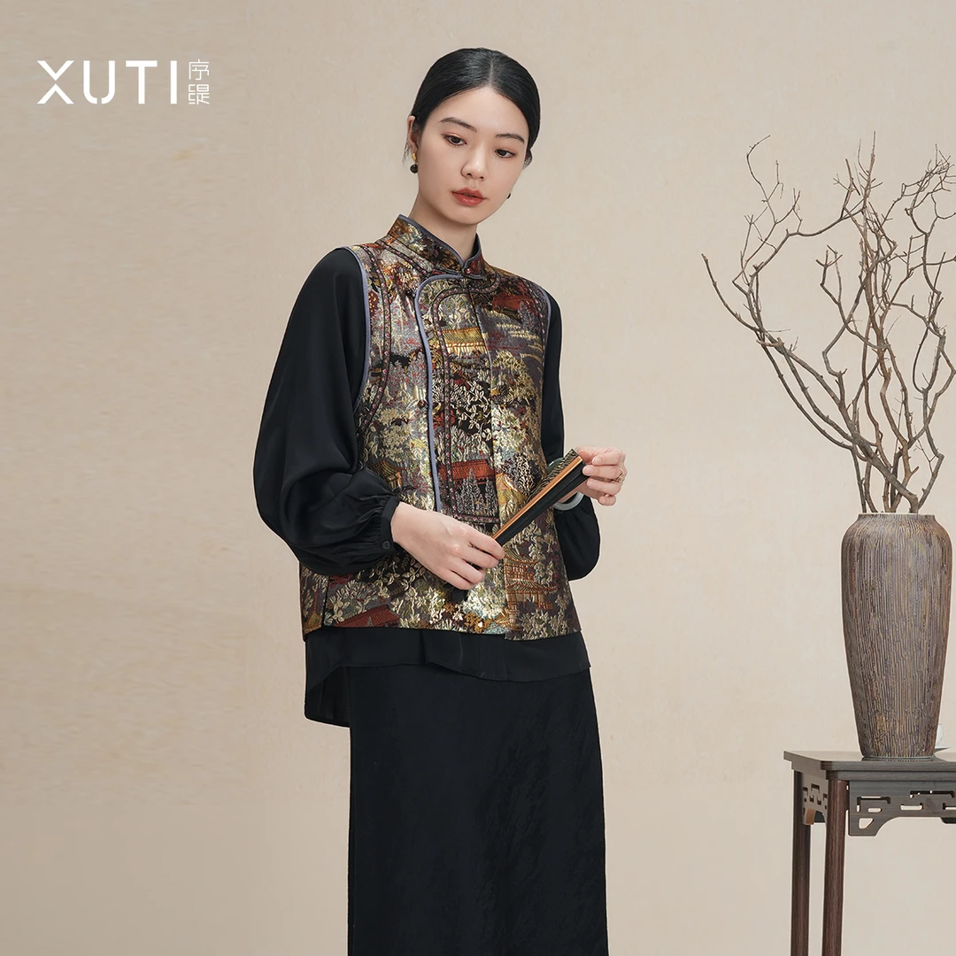 序缇非遗唐锦 新中式桑蚕丝提花马甲女早春上衣H110-27617