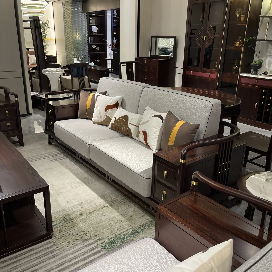 锦福轩  新中式实木沙发组合布艺单人位沙发现代中式大户型客厅