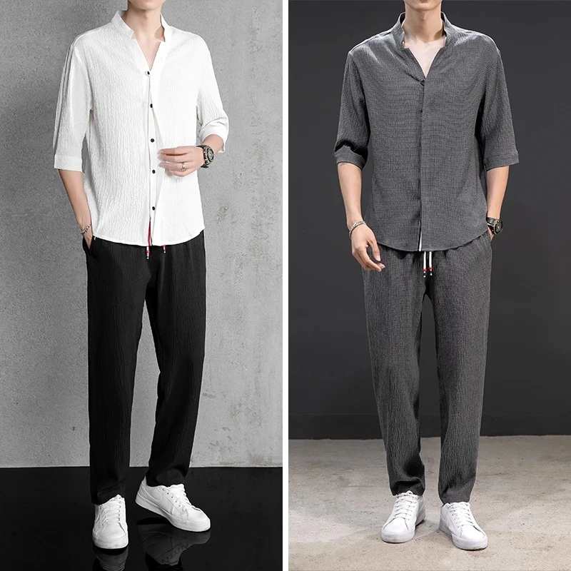 夏季V领休闲短袖t恤男高档运动套装男款潮牌冰丝痞帅男装套装帅气