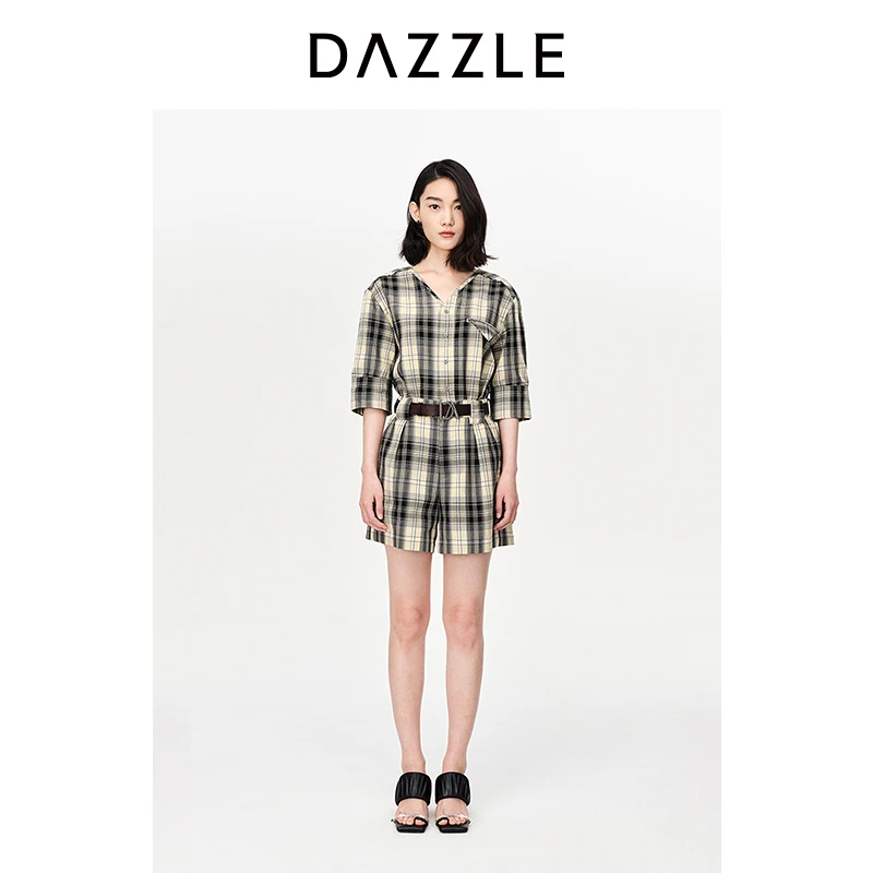 DAZZLE地素格纹连体短裤2023夏新款复古丝棉混纺休闲裤女2H2P702