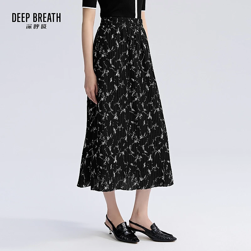 DEEP BREATH深呼吸女装复古松紧腰碎花中长款高腰半身裙A200337