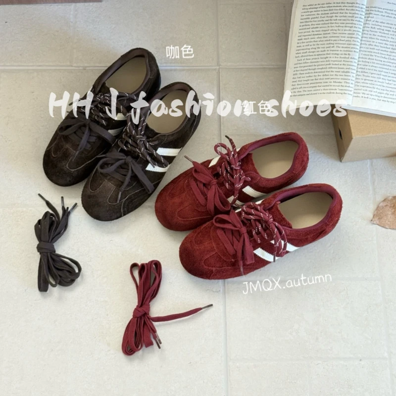 真皮红色平底双鞋带德训鞋女2025新款韩版休闲百搭复古时尚运动鞋